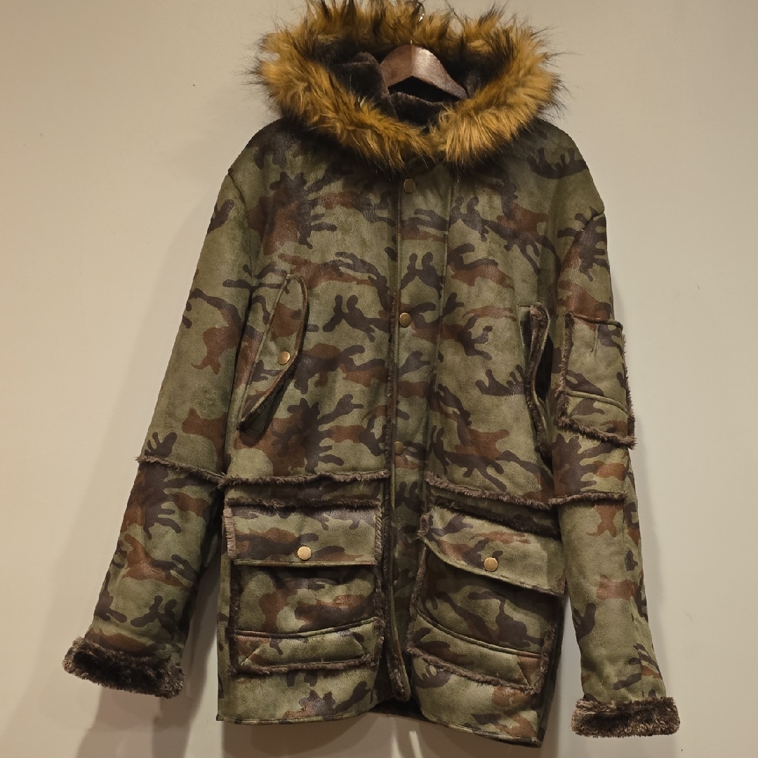 Camouflage Hooded Jacket With Faux Fur Trim